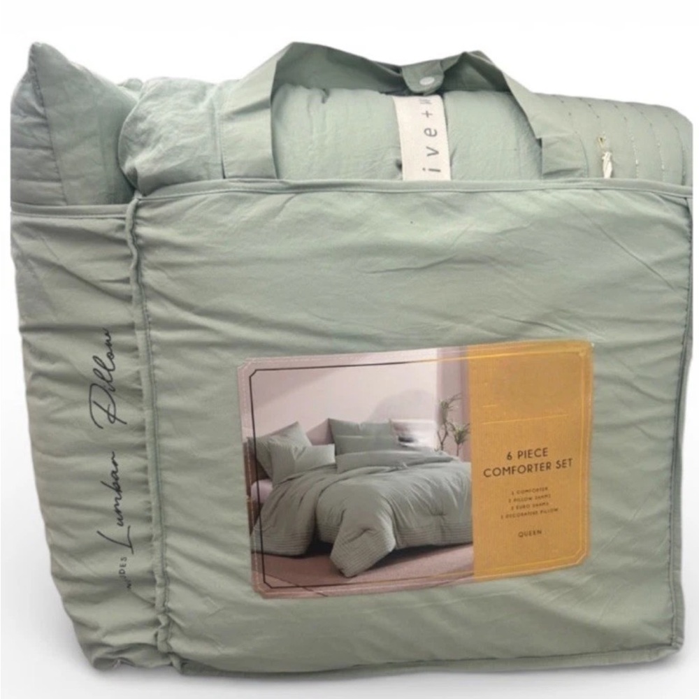 Live Well 6 Piece Green Queen Comforter Set with Lumbar Pillow 90”x90”